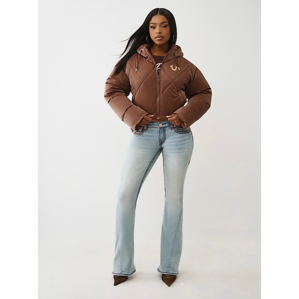 NWT!! TRUE RELIGION High-Shine Metallic Hooded Puffer Jacket Bronze Large